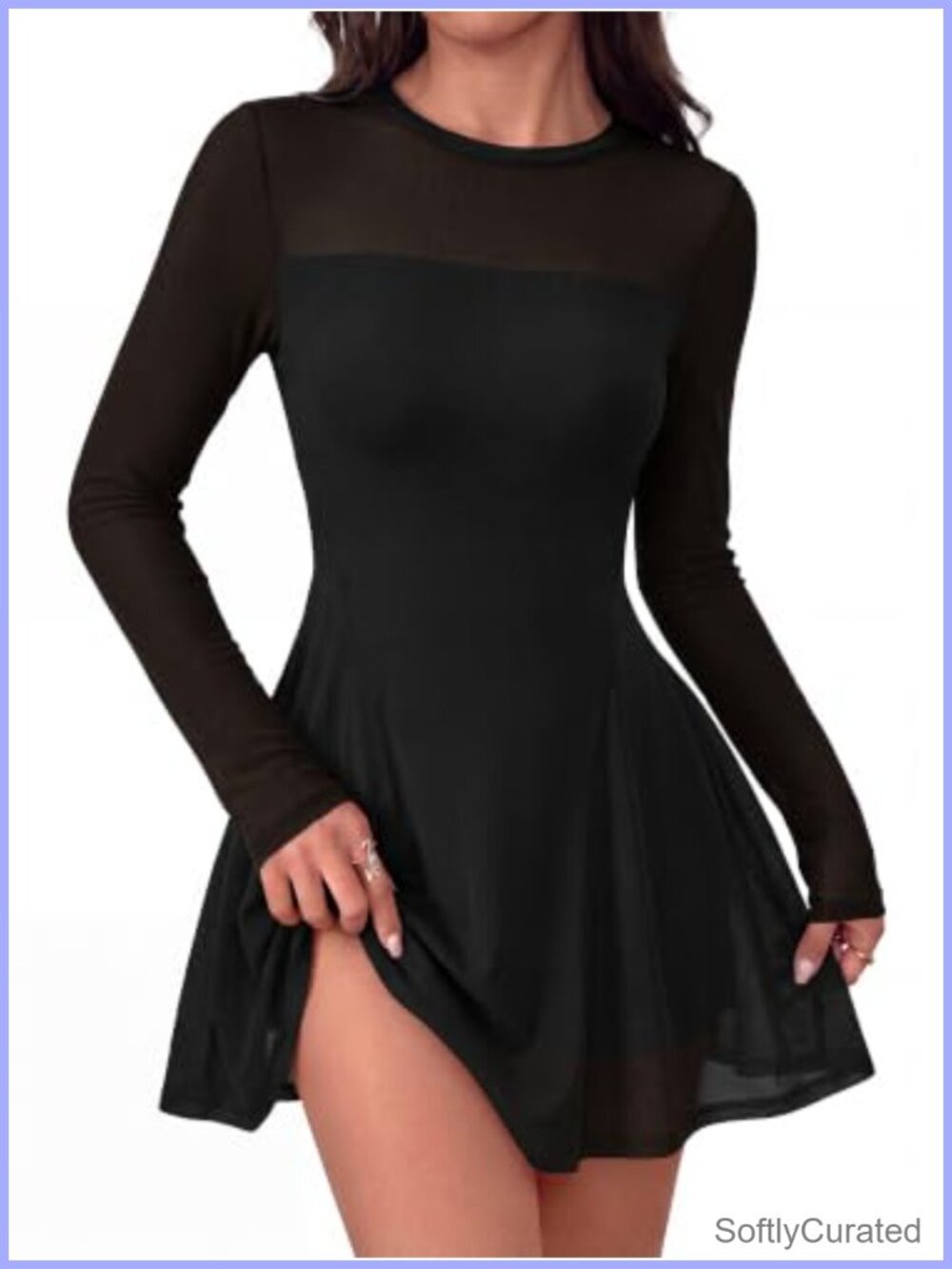 Women's Sheer Mesh Long Sleeve Mini Dress A-Line Cocktail Party - Picture 1 of 6